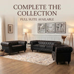 Chesterfield Black Faux Leather Sofa, 3 Seater Settee with Rolled Arms, Button Back and Gold Studs