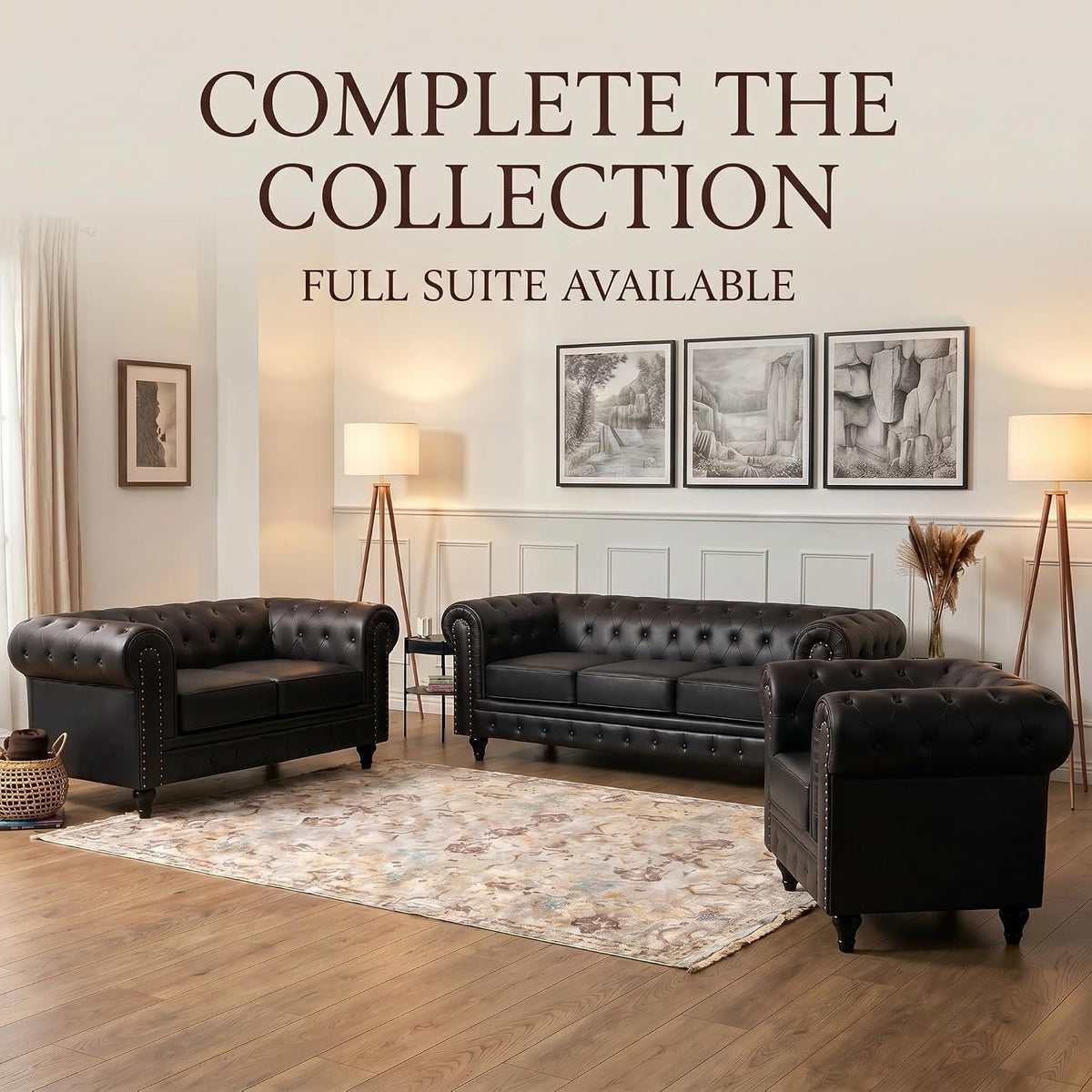 Chesterfield Black Faux Leather Sofa, 3 Seater Settee with Rolled Arms, Button Back and Gold Studs