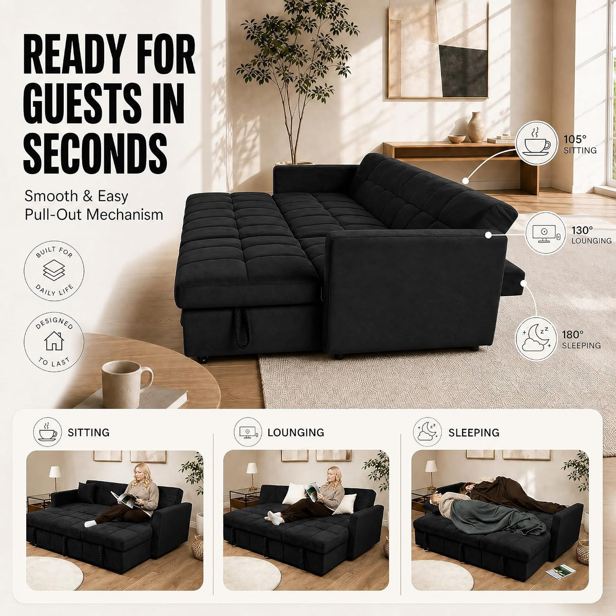 Milo Black Corner Sofa Bed with Storage - Velvet Sofa Bed & Pull Out Bed
