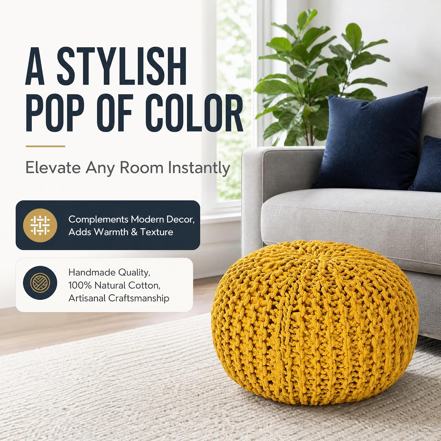 Handmade Knitted Pouffe Footstool 50cm - Yellow