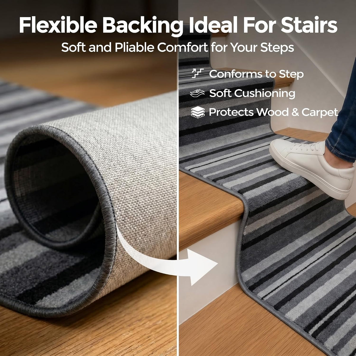 Texas Grey Lines Striped Stair Runner, Hessian Backed Hallway Runner, Grey and Charcoal, Low 9mm Pile, Custom Lengths