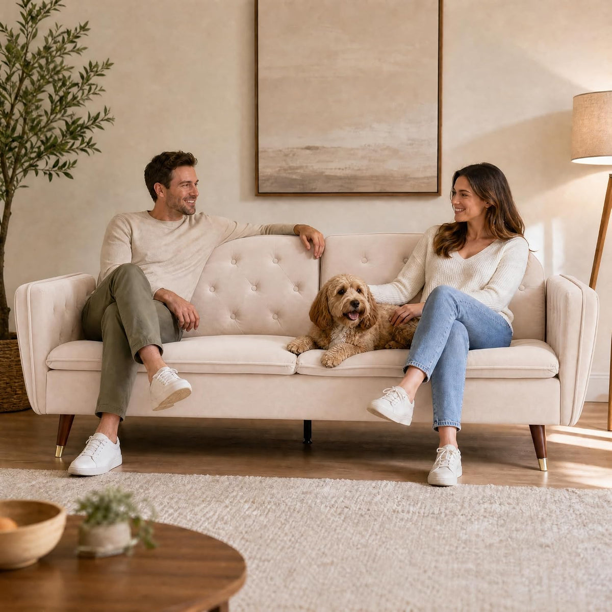Victoria Velvet Sofa Bed, Cream, 3 Seater Click Clack Double Sofa Bed with Split Back and Gold Legs