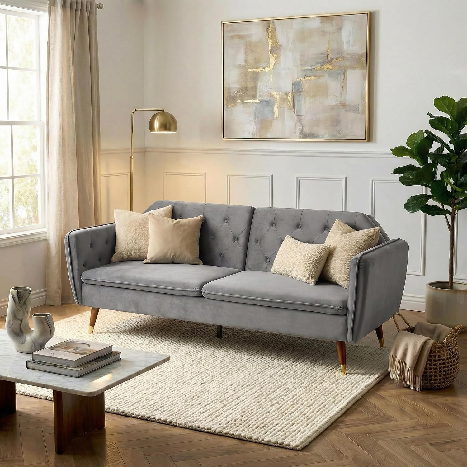 Victoria Velvet Sofa Bed, Grey 3 Seater Click Clack Sofa Bed with Split Back, Button Tufting and Gold Legs
