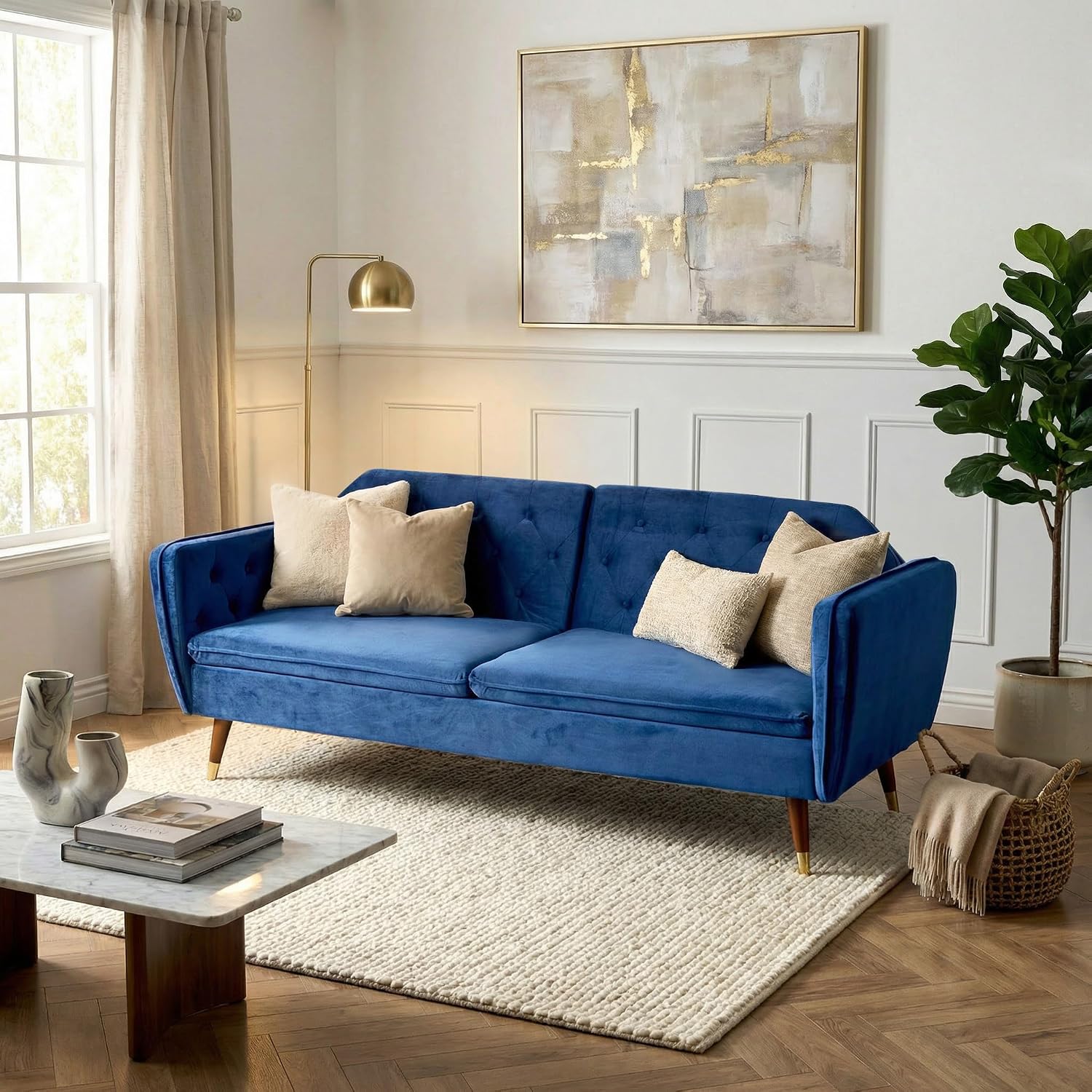 Victoria Velvet Sofa Bed, Blue 3 Seater Click Clack Sofa Bed with Split Back, Button Tufting and Gold Legs