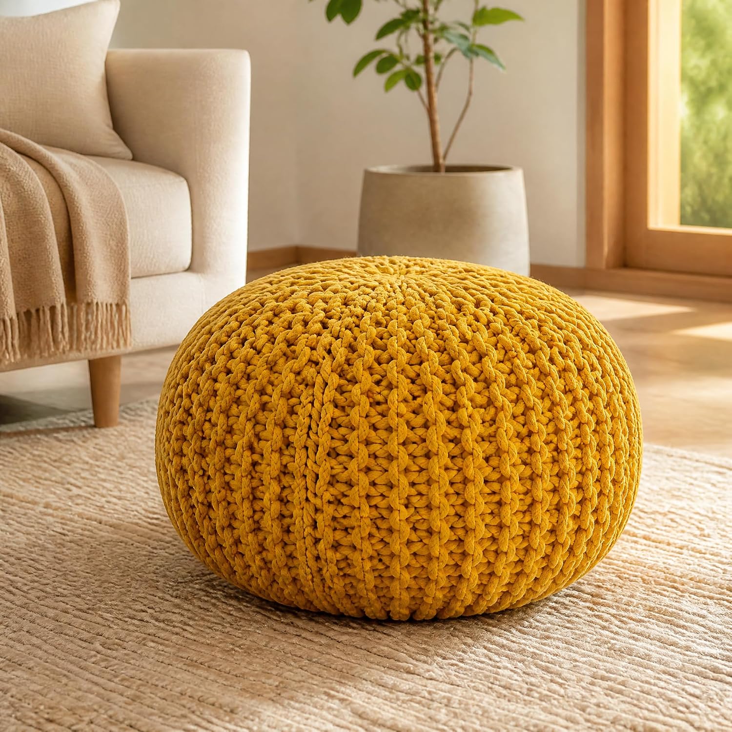 Handmade Knitted Pouffe Footstool 50cm - Yellow