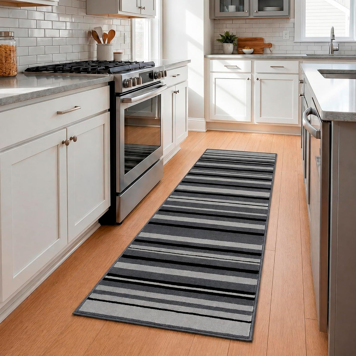 Texas Grey Lines Striped Stair Runner, Hessian Backed Hallway Runner, Grey and Charcoal, Low 9mm Pile, Custom Lengths