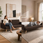 Mario Click Clack Sofa Bed, Brown Linen Blend Fabric, 3 Seater Fold Out Sofa Bed, Slanted Wooden Legs, Solid Wood Frame