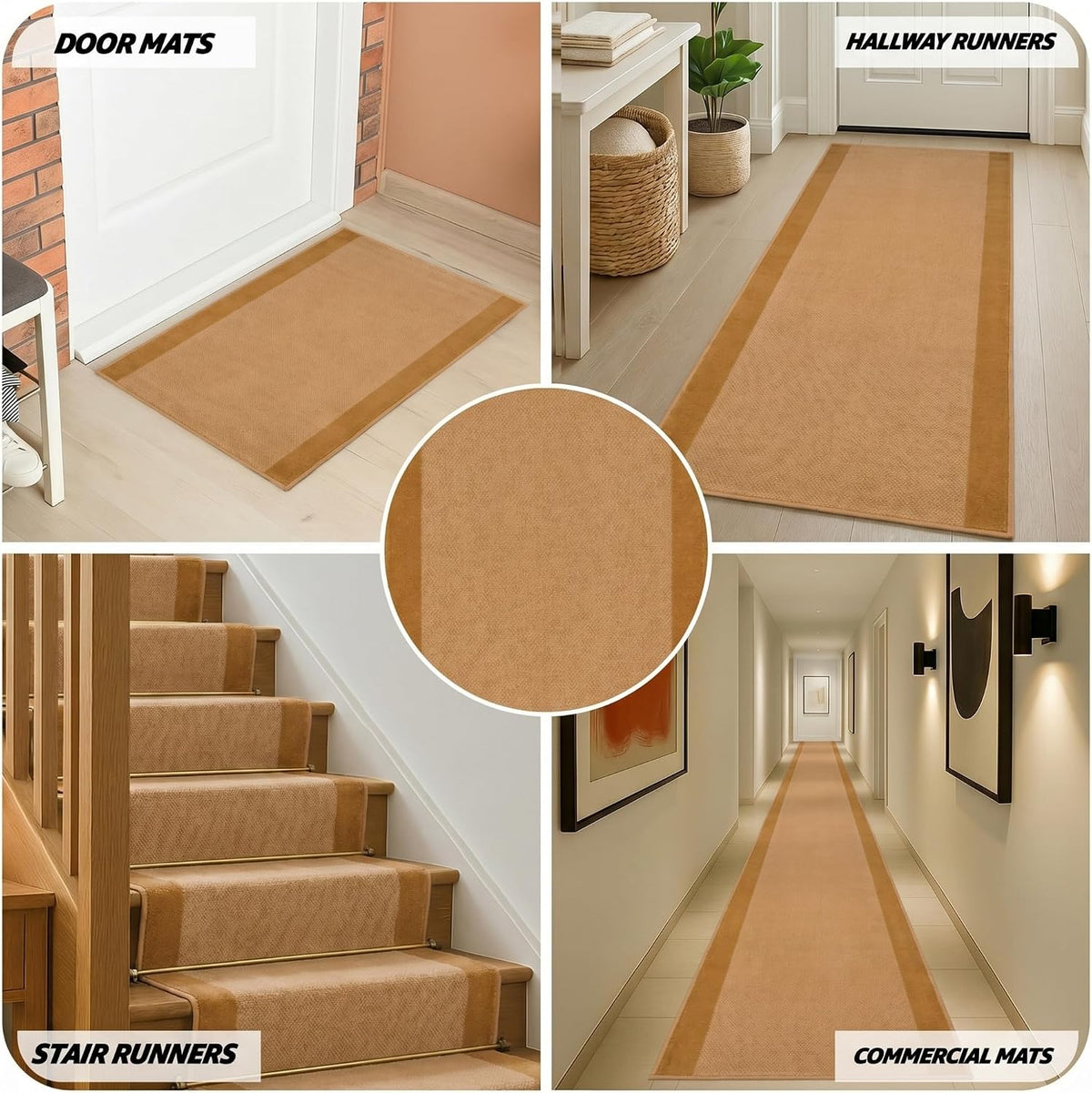 Beige Border Stair Runner, Classic Neutral Hallway Carpet Runner, Flexible Hessian Backed, 60cm Wide, Custom Length