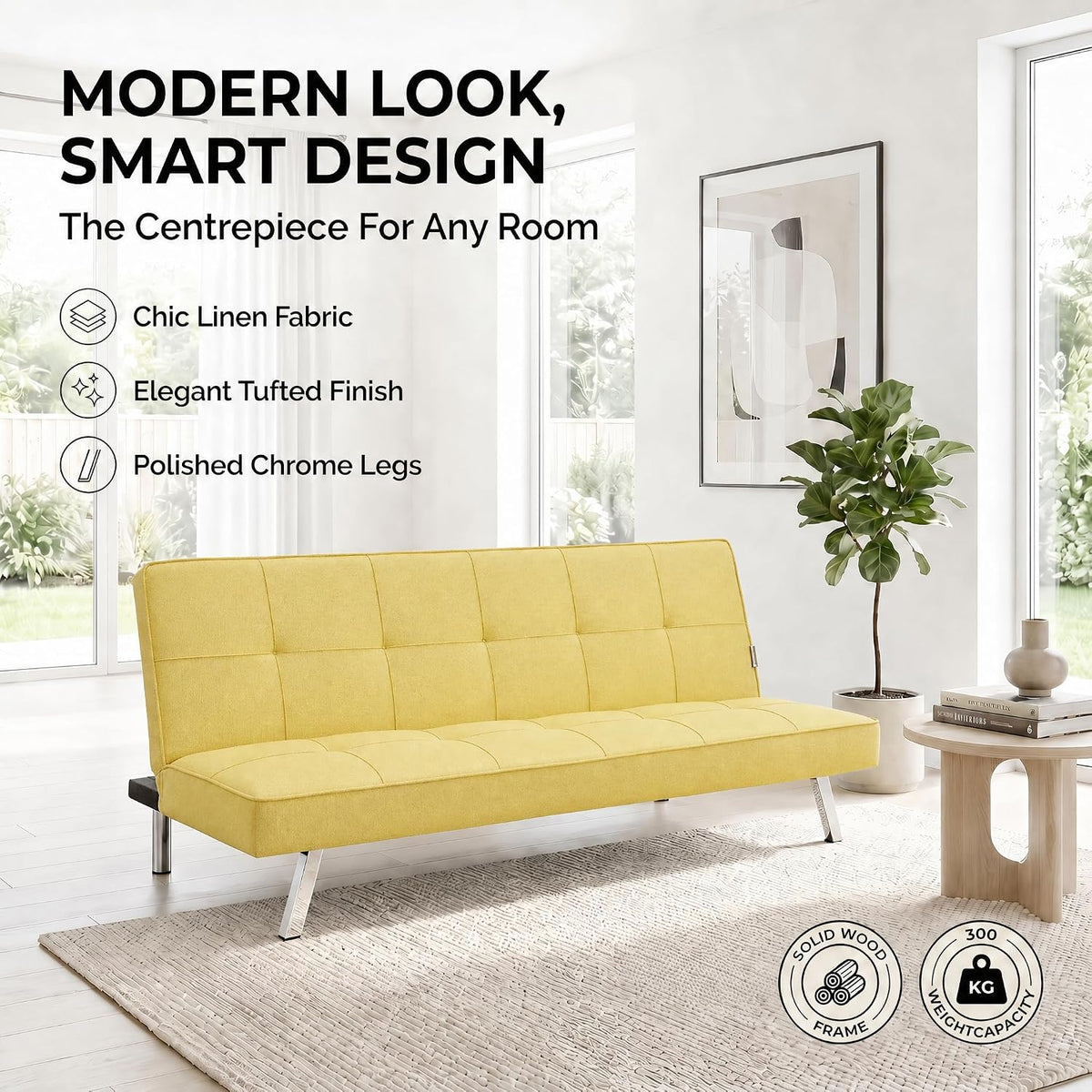 Britney Yellow Click Clack Sofa Bed, 3 Seater Linen Blend Fabric Settee, Converts to Double Bed, Chrome Legs