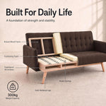Mario Click Clack Sofa Bed, Brown Linen Blend Fabric, 3 Seater Fold Out Sofa Bed, Slanted Wooden Legs, Solid Wood Frame