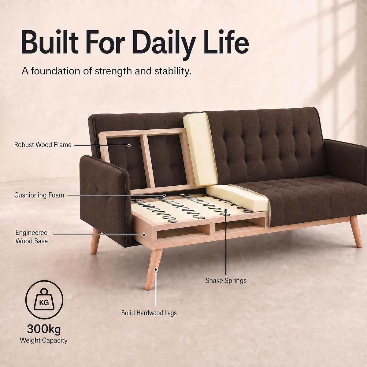 Mario Click Clack Sofa Bed, Brown Linen Blend Fabric, 3 Seater Fold Out Sofa Bed, Slanted Wooden Legs, Solid Wood Frame