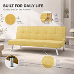 Britney Yellow Click Clack Sofa Bed, 3 Seater Linen Blend Fabric Settee, Converts to Double Bed, Chrome Legs