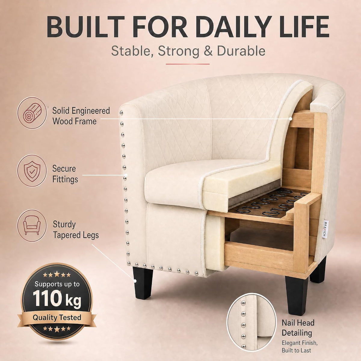 Cream Velvet Tub Chair, Stilo Compact Accent Armchair with Tufted Back, Dressing Table and Bedroom Chair