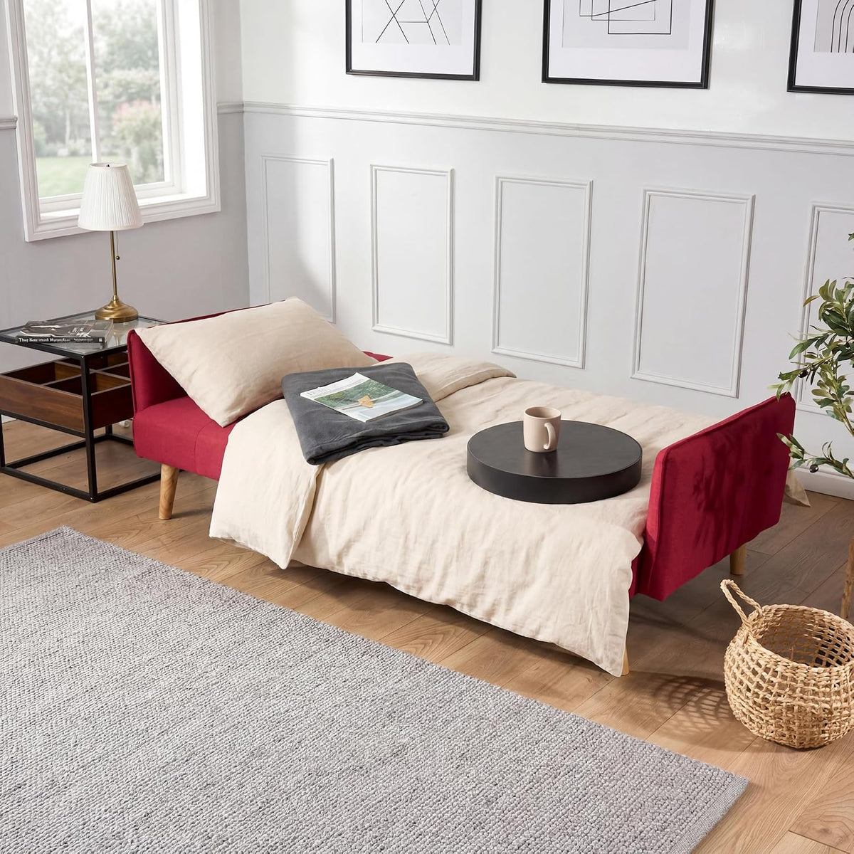Mario Red Click Clack Sofa Bed, 3 Seater Linen Blend Settee with Guest Bed and Slanted Wooden Legs
