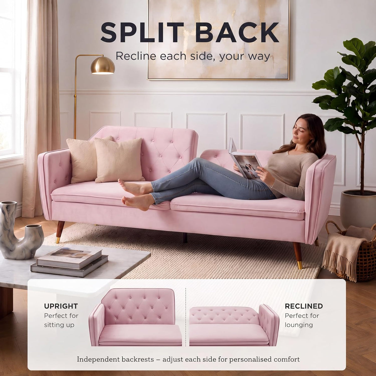 Victoria Velvet Sofa Bed, Rose Pink, 3 Seater Click Clack Double Sofa Bed with Split Back and Gold Legs