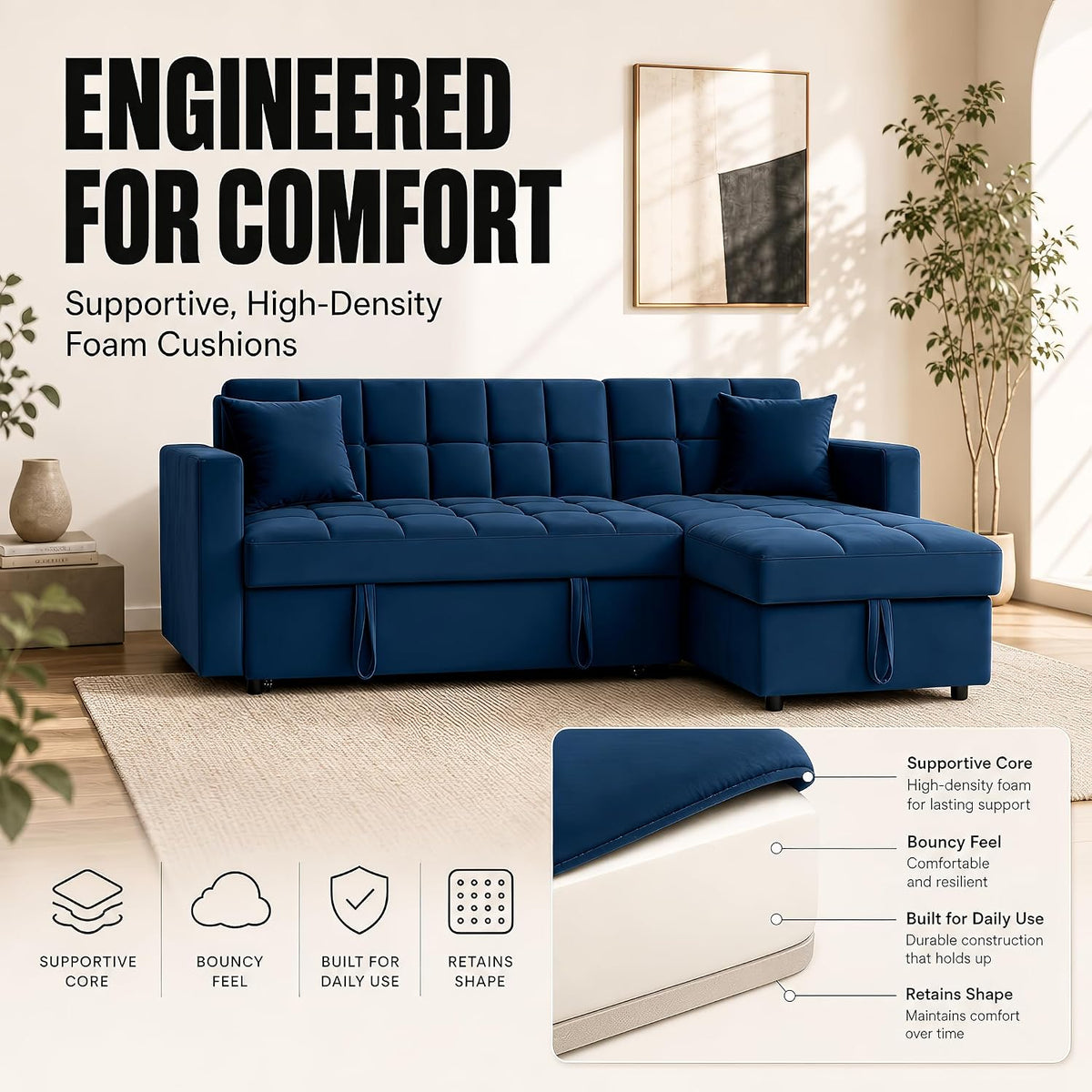 Milo Blue Corner Chaise Sofa Bed with Storage - Velvet Sofa Bed & Pull Out Bed