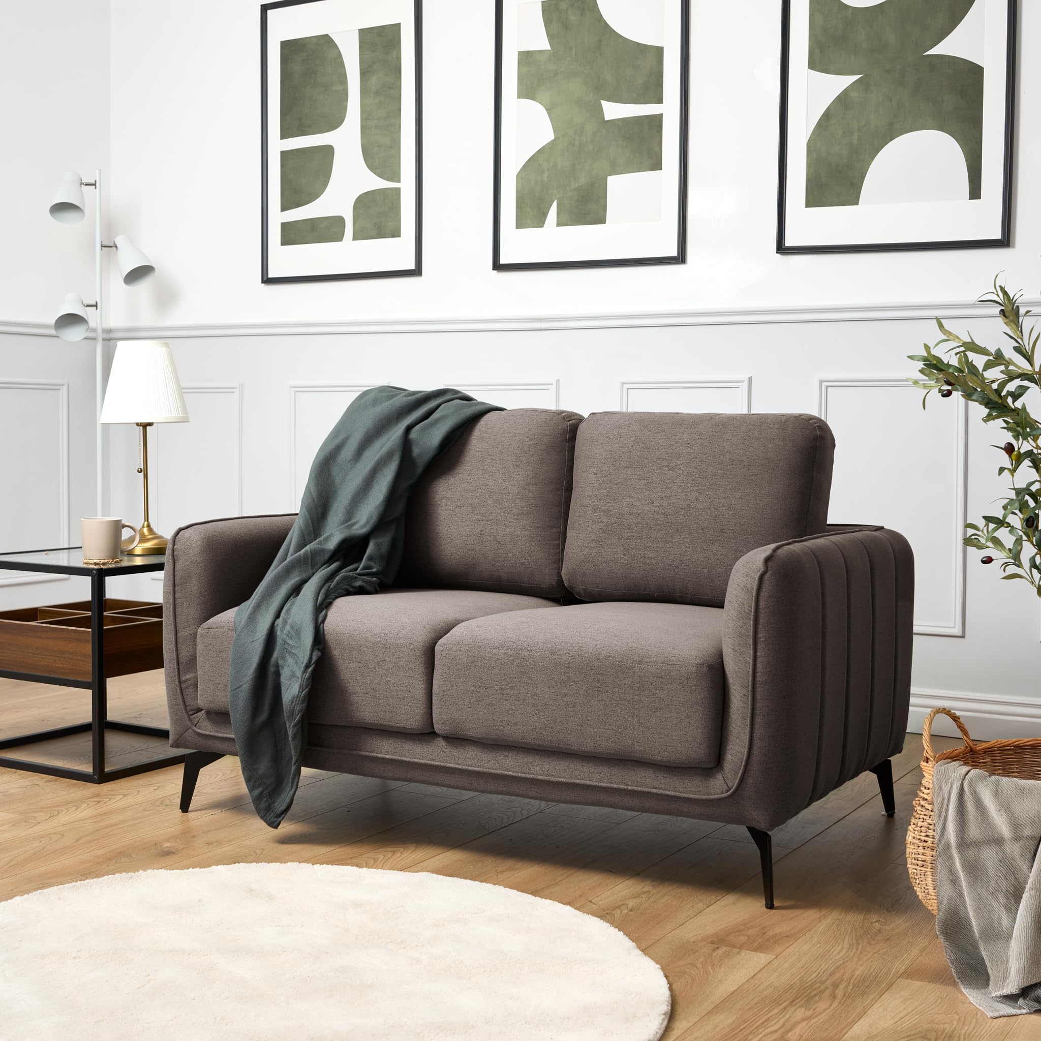 Brixton Dark Brown Fabric Sofa, 2 Seater Linen Look Settee with Solid Wood Frame, Foam Cushions and Steel Legs