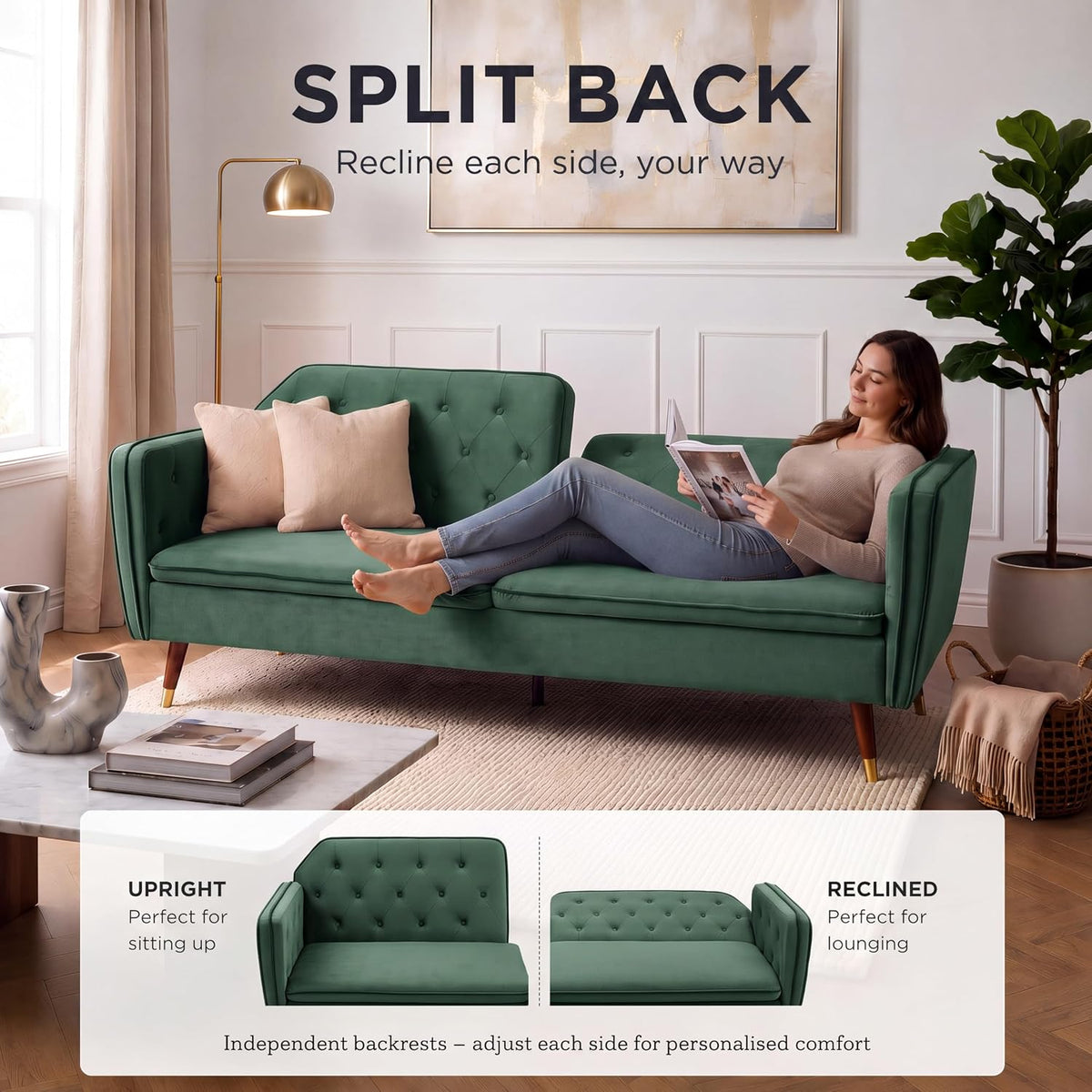 Victoria Velvet Sofa Bed, Emerald Green 3 Seater Click Clack Sofa Bed with Split Back, Button Tufting and Gold Legs