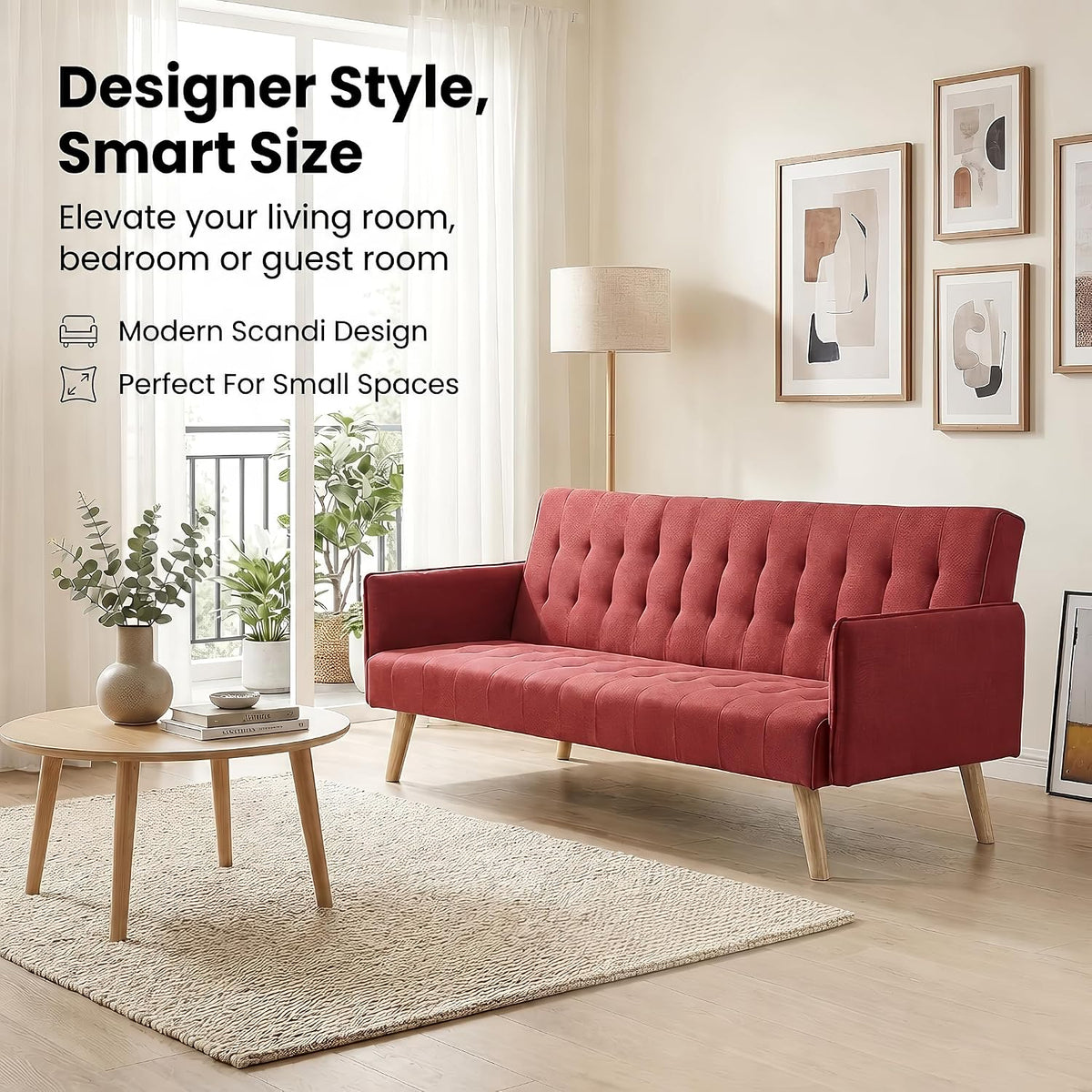 Mario Red Click Clack Sofa Bed, 3 Seater Linen Blend Settee with Guest Bed and Slanted Wooden Legs
