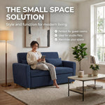 Dahlia Navy Blue Pull Out Sofa Bed, 2 Seater Linen Blend Double Guest Bed with Wooden Legs and 2 Cushions