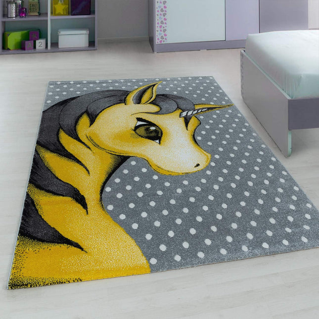 Yellow & Grey Polkadots Unicorn Rug - Kids