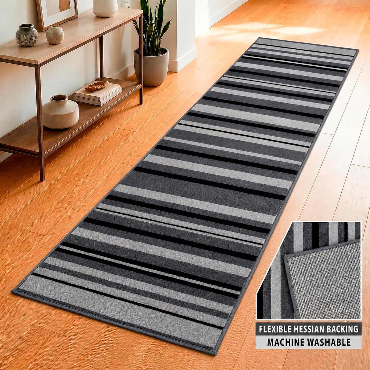 Texas Grey Lines Striped Stair Runner, Hessian Backed Hallway Runner, Grey and Charcoal, Low 9mm Pile, Custom Lengths