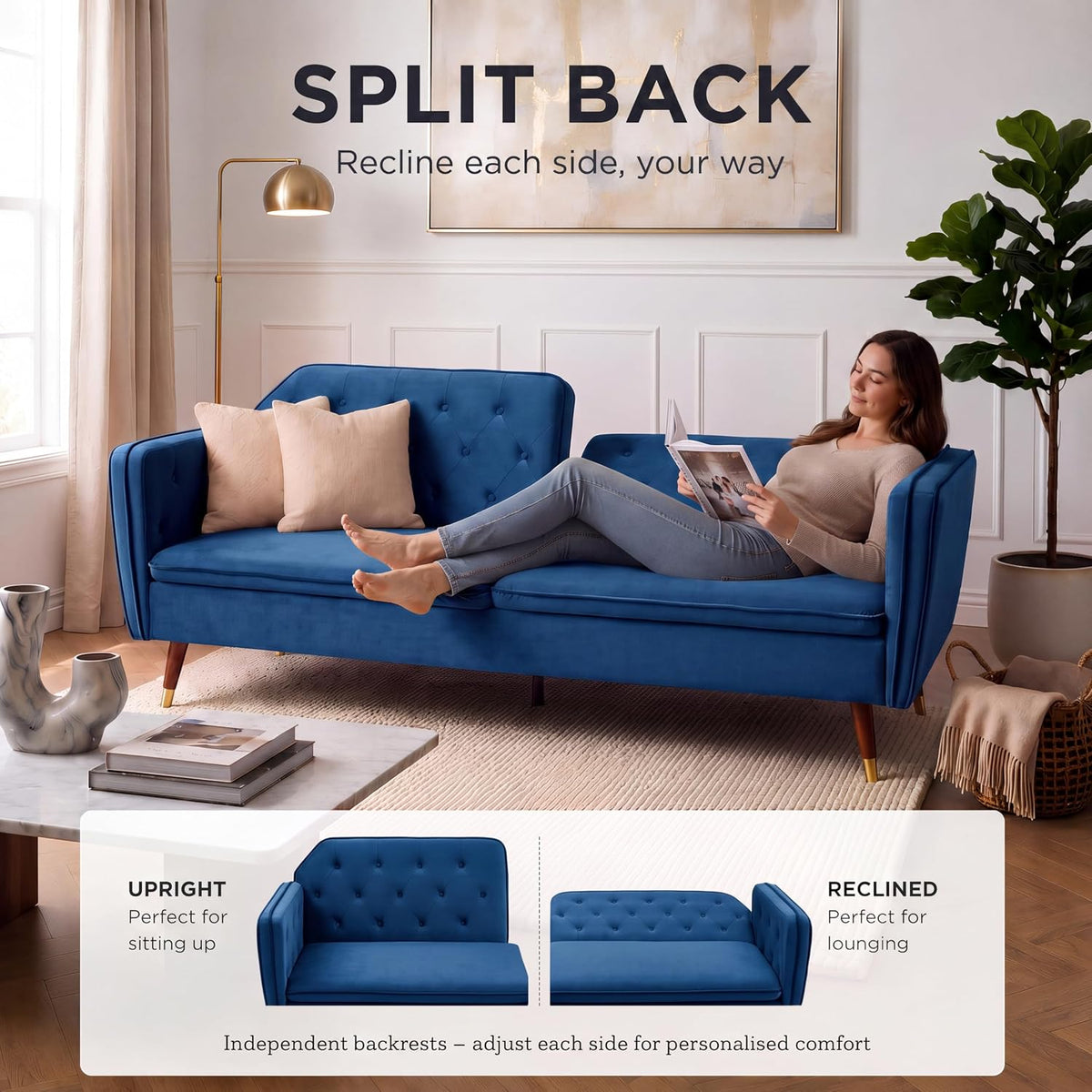 Victoria Velvet Sofa Bed, Blue 3 Seater Click Clack Sofa Bed with Split Back, Button Tufting and Gold Legs