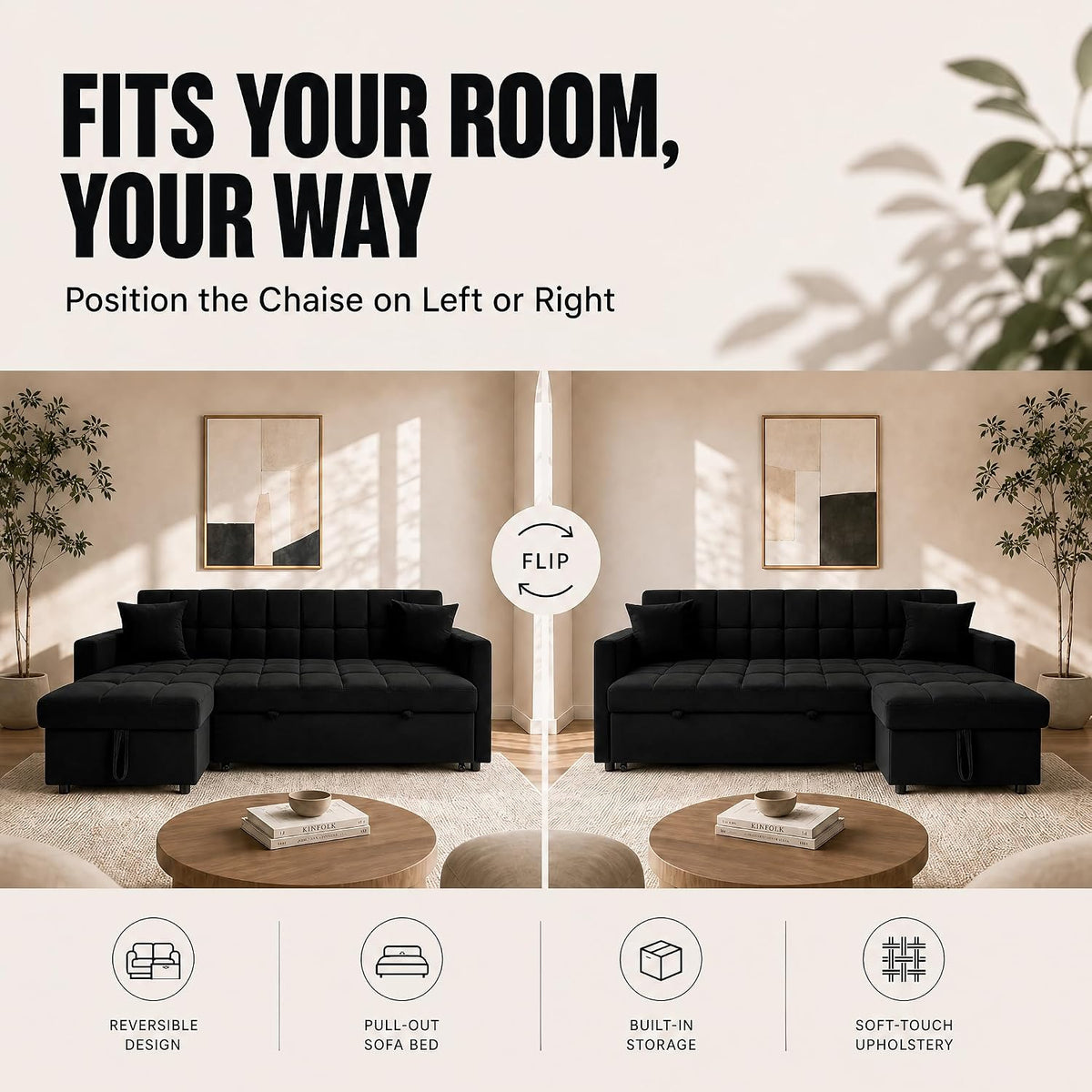 Milo Black Corner Sofa Bed with Storage - Velvet Sofa Bed & Pull Out Bed