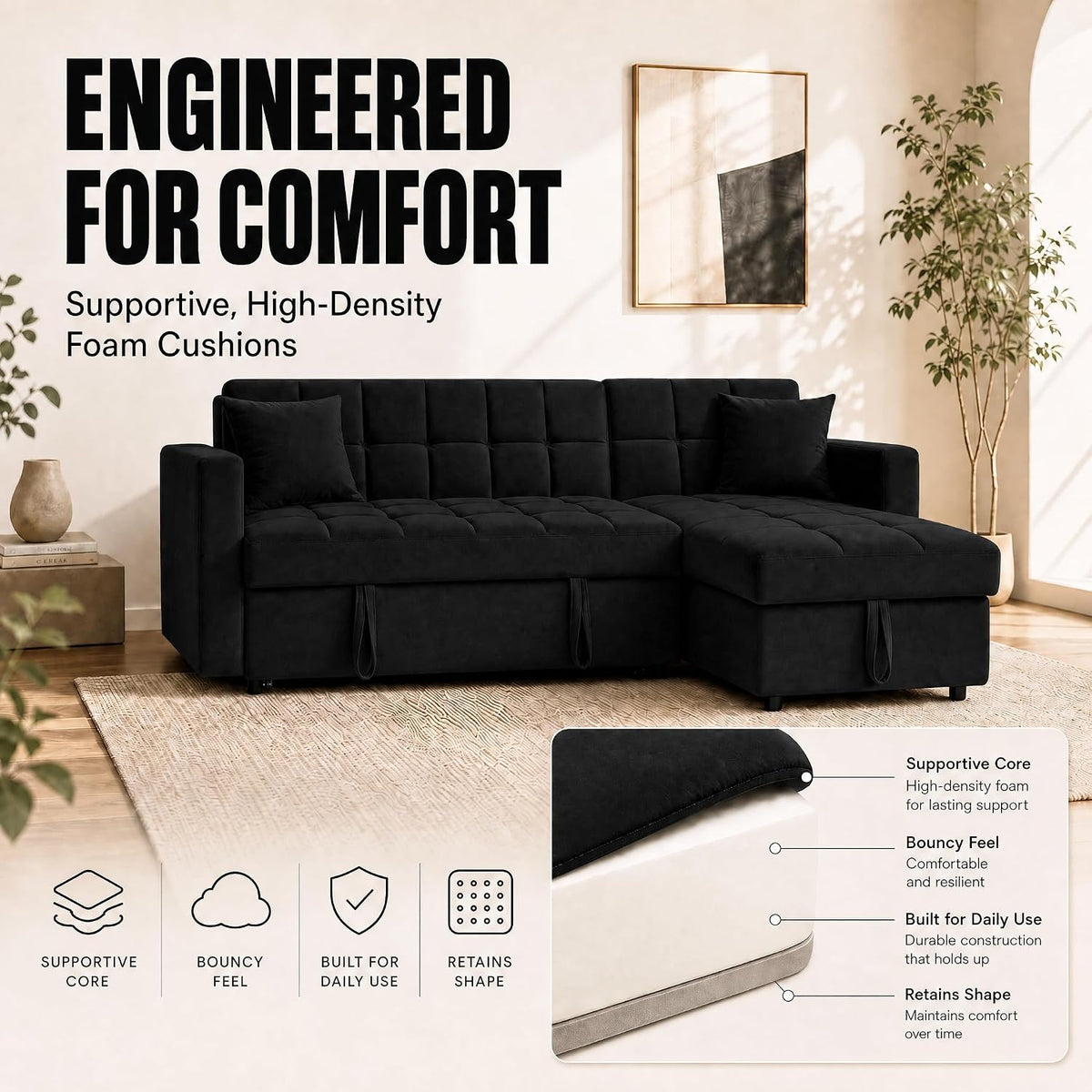 Milo Black Corner Sofa Bed with Storage - Velvet Sofa Bed & Pull Out Bed