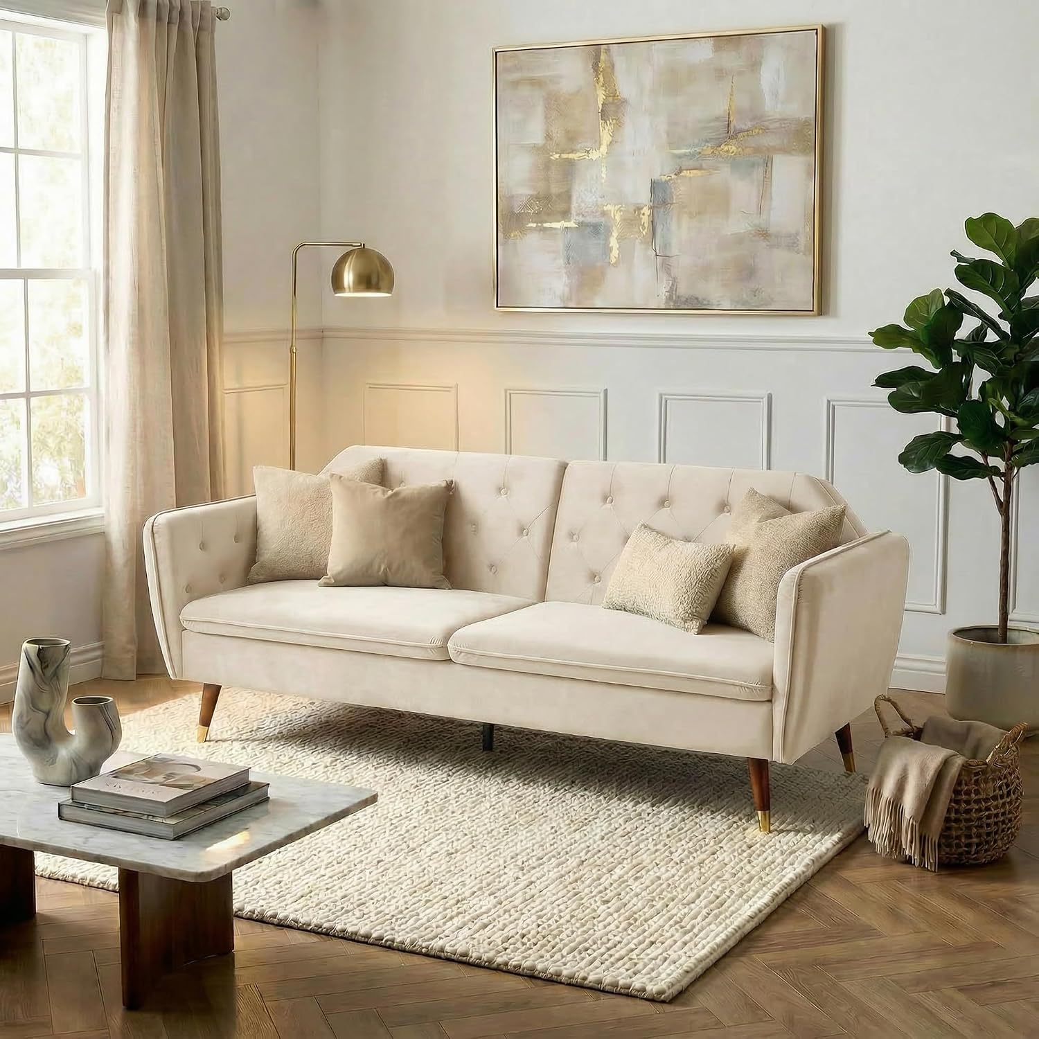 Victoria Velvet Sofa Bed, Cream, 3 Seater Click Clack Double Sofa Bed with Split Back and Gold Legs