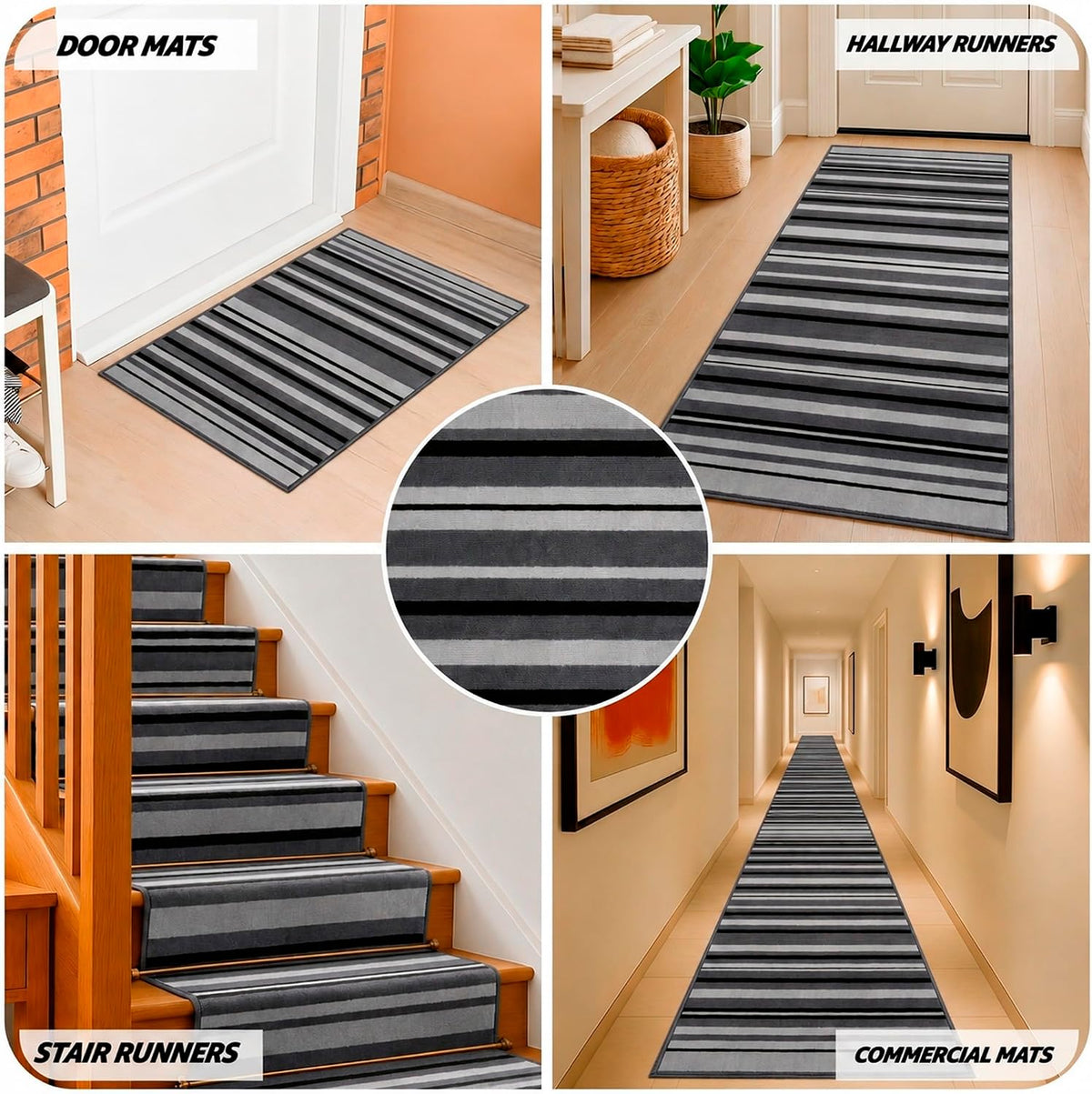 Texas Grey Lines Striped Stair Runner, Hessian Backed Hallway Runner, Grey and Charcoal, Low 9mm Pile, Custom Lengths