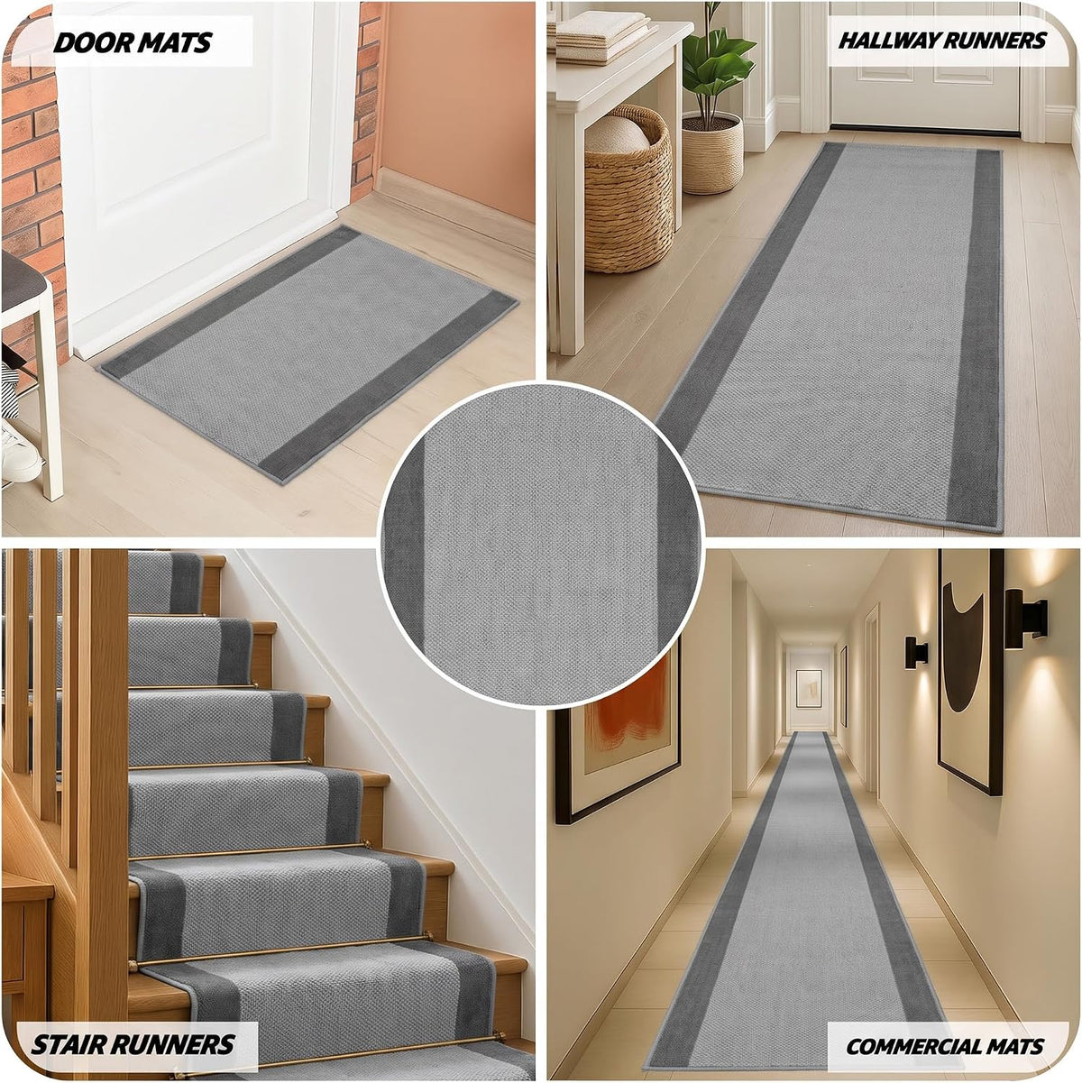 Texas Grey Border Stair Runner, Silver Grey and Charcoal Hessian Backed Hallway Runner, Low 9mm Pile, Custom Lengths
