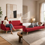 Mario Red Click Clack Sofa Bed, 3 Seater Linen Blend Settee with Guest Bed and Slanted Wooden Legs