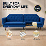 Victoria Velvet Sofa Bed, Blue 3 Seater Click Clack Sofa Bed with Split Back, Button Tufting and Gold Legs