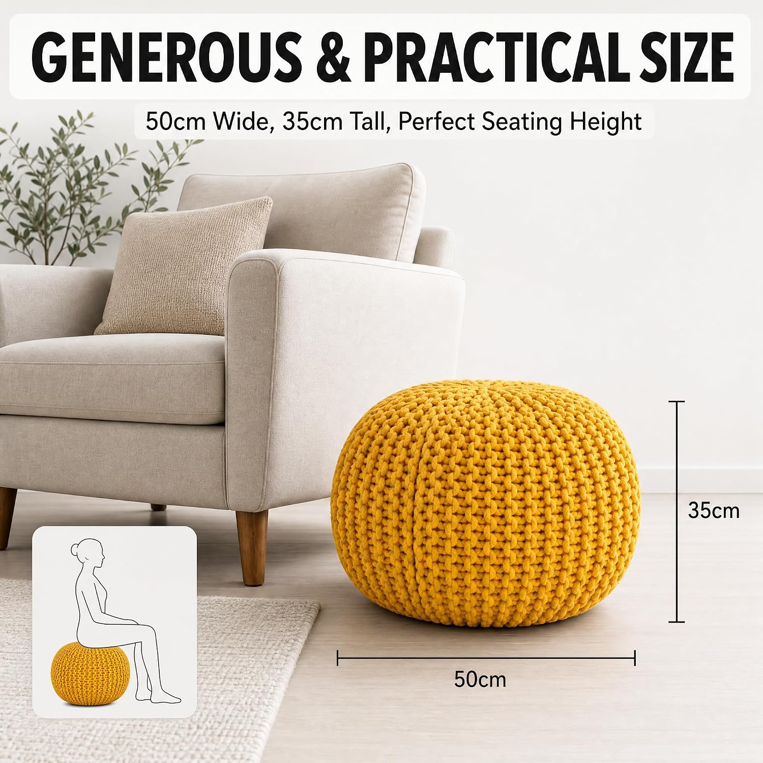 Handmade Knitted Pouffe Footstool 50cm - Yellow