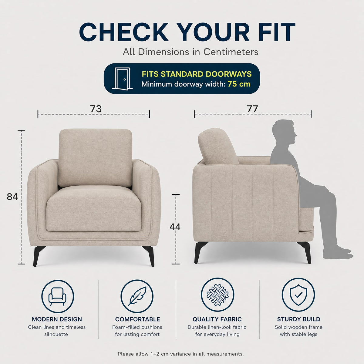 Brixton Cream Linen Look Fabric Armchair, Modern Accent Chair with Solid Wood Frame and Black Steel Legs