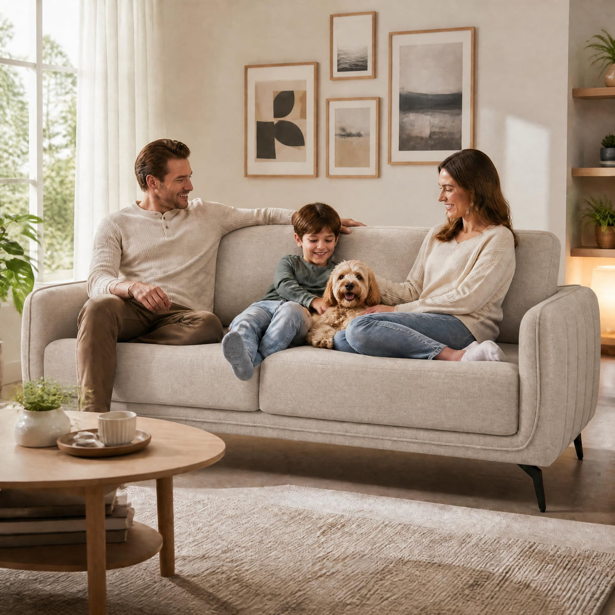 Brixton Cream Fabric Sofa, 3 Seater Linen Look Settee with Solid Wood Frame, Foam Cushions and Steel Legs