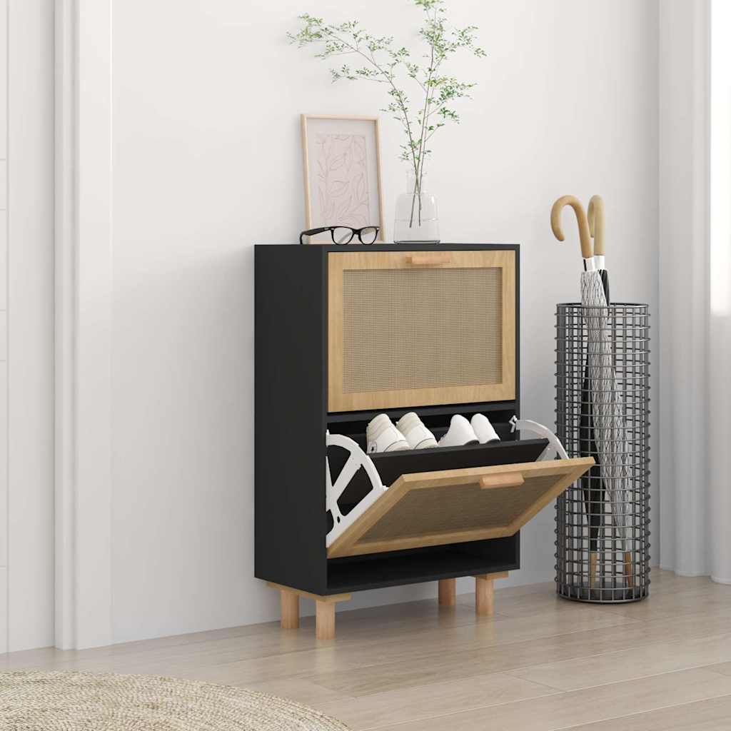 Shoe Cabinet Black 52x25x80 cm Engineered Wood&Natural Rattan