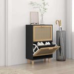 Shoe Cabinet Black 52x25x80 cm Engineered Wood&Natural Rattan