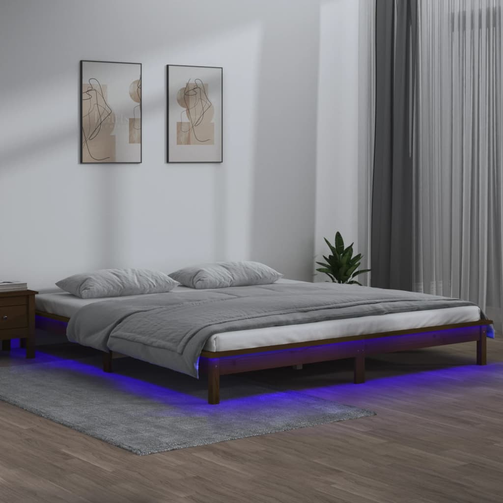 LED Bed Frame without Mattress Honey Brown 140x190 cm Solid Wood