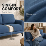 Brixton Blue Fabric Sofa, 2 Seater Linen Look Settee with Solid Wood Frame, Foam Cushions and Steel Legs