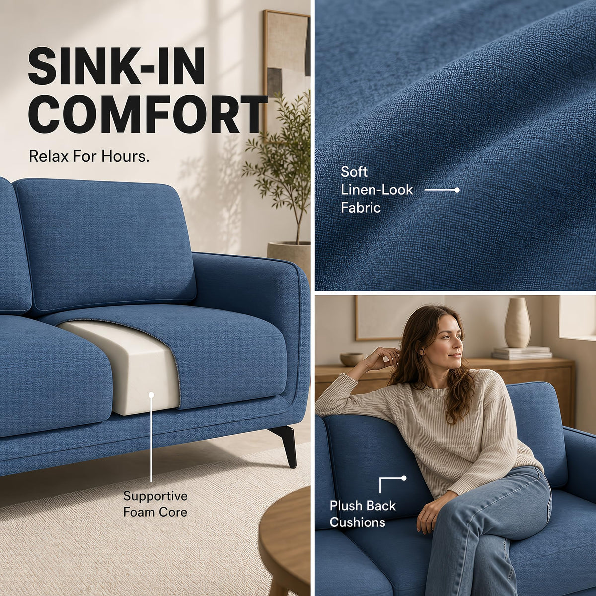 Brixton Blue Fabric Sofa, 2 Seater Linen Look Settee with Solid Wood Frame, Foam Cushions and Steel Legs
