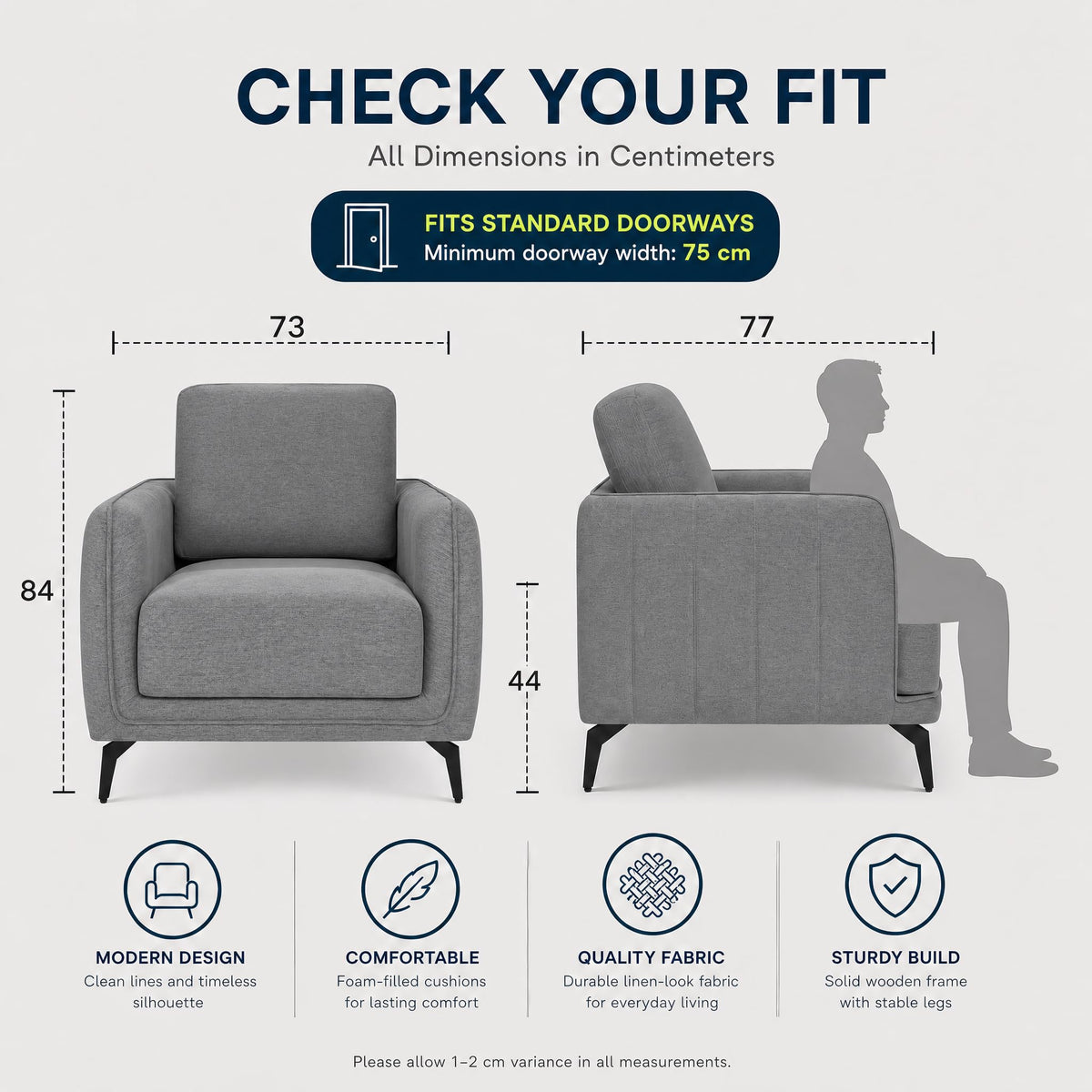 Brixton Grey Linen Look Fabric Armchair, Modern Accent Chair with Solid Wood Frame and Black Steel Legs