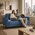 Brixton Blue Fabric Sofa, 2 Seater Linen Look Settee with Solid Wood Frame, Foam Cushions and Steel Legs