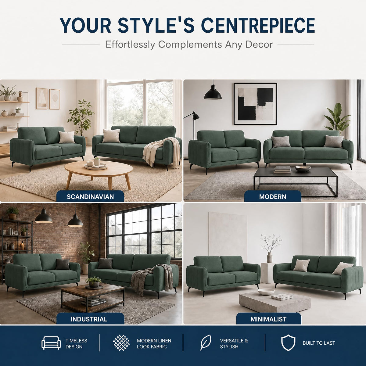 Brixton Green Fabric Sofa Set, 2 Seater and 3 Seater Linen Look Settees with Solid Wood Frame and Steel Legs