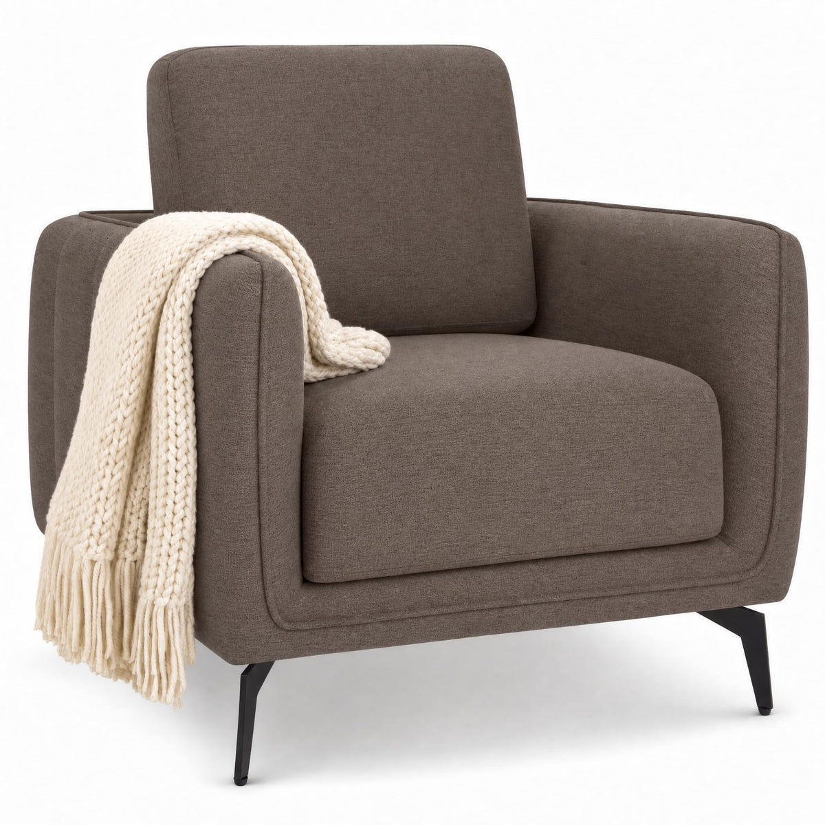 Brixton Dark Brown Linen Look Fabric Armchair, Modern Accent Chair with Solid Wood Frame and Black Steel Legs