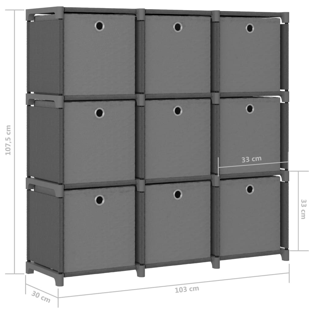 9 - Cube Display Shelf with Boxes Grey 103x30x107.5 cm Fabric - Bargainia.com - 