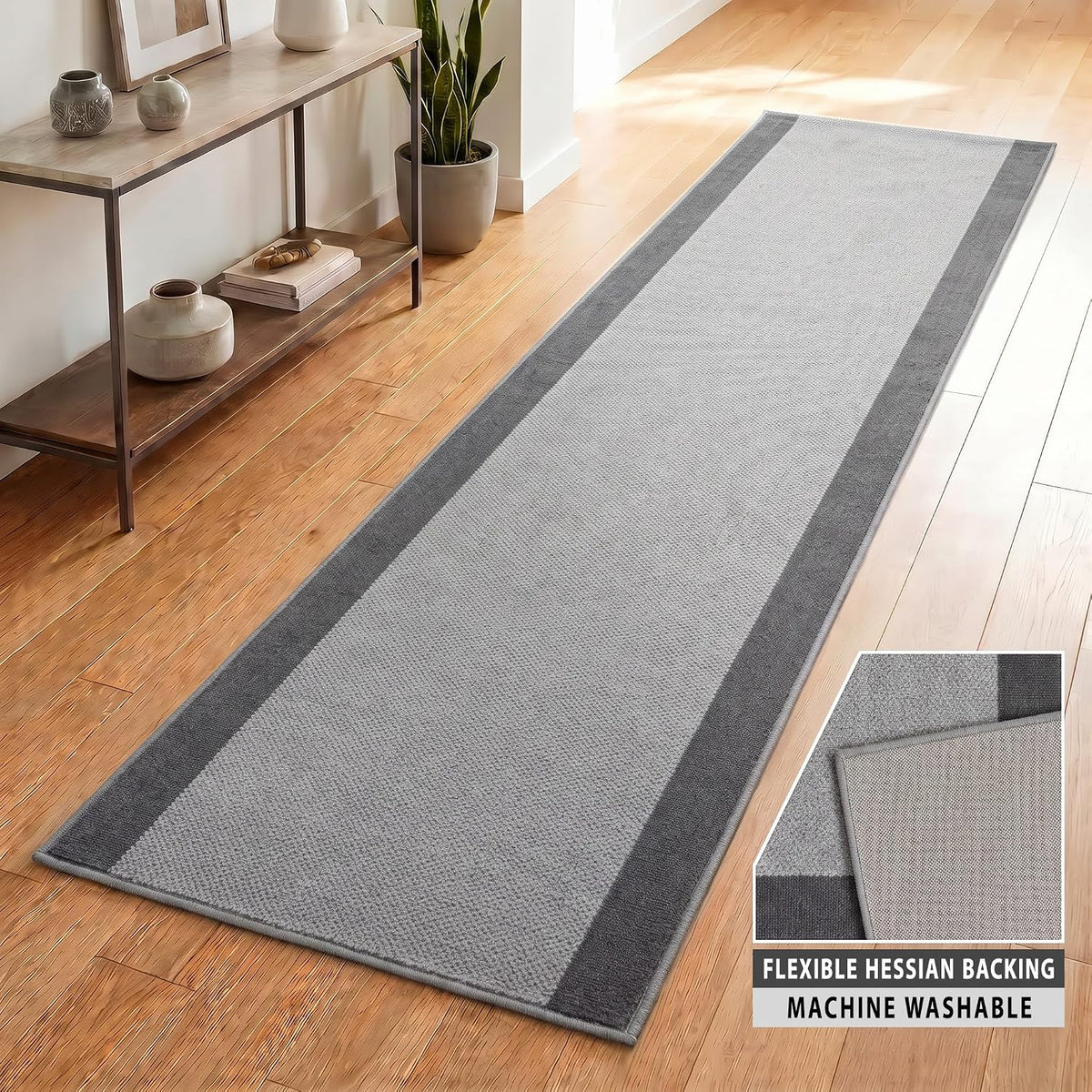 Texas Grey Border Stair Runner, Silver Grey and Charcoal Hessian Backed Hallway Runner, Low 9mm Pile, Custom Lengths