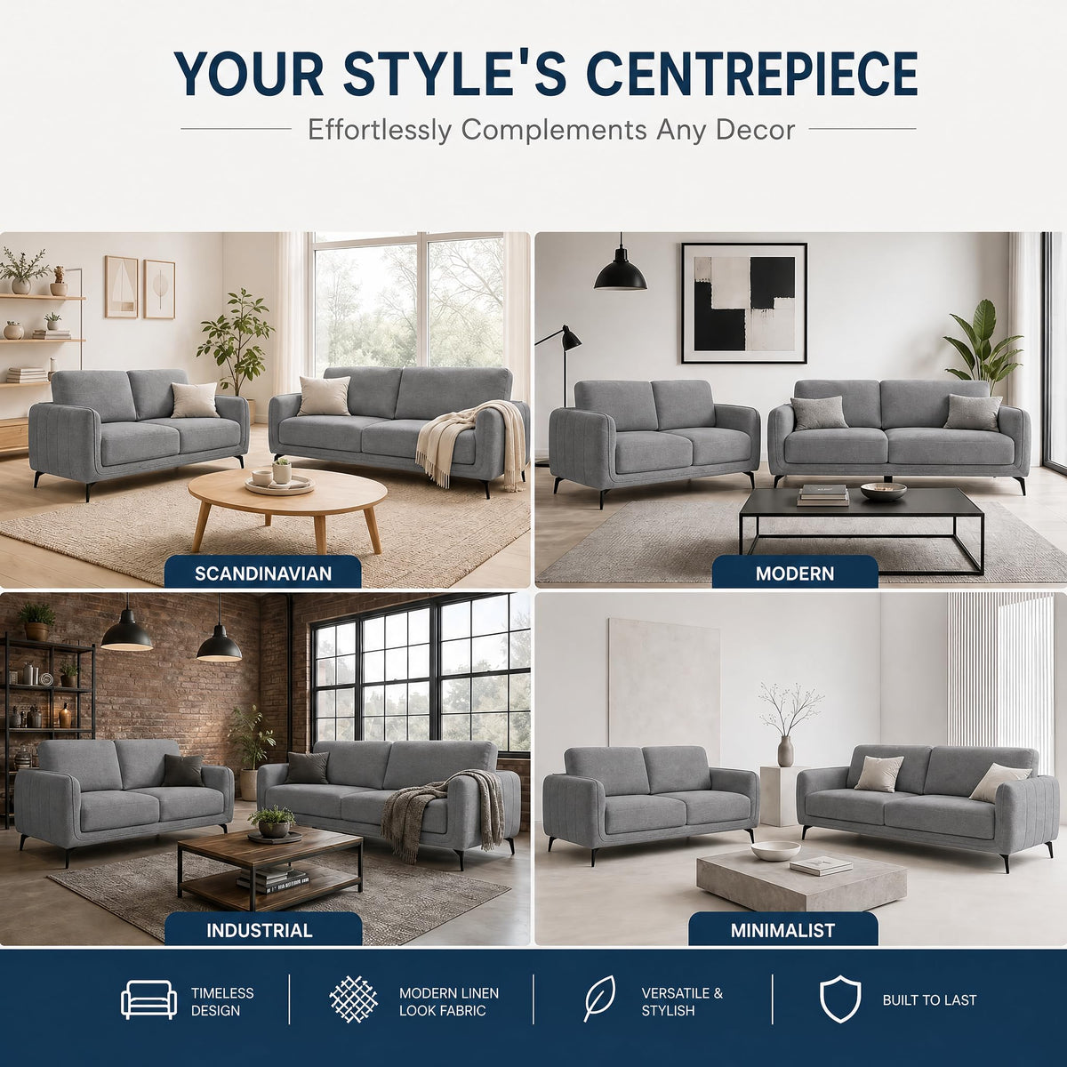 Brixton Grey Fabric Sofa Set, 2 Seater and 3 Seater Linen Look Settees with Solid Wood Frame and Steel Legs