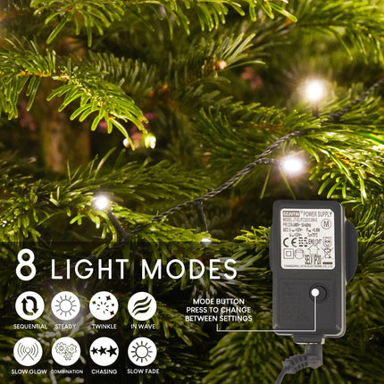 Indoor/Outdoor 8 Function LED Waterproof Fairy Lights with Green Cable (200) - Warm White-8800225807079-Bargainia.com